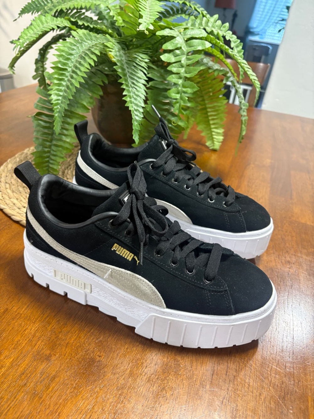 Puma Black Suede Platform Sneakers with White Sole and Gold Logo